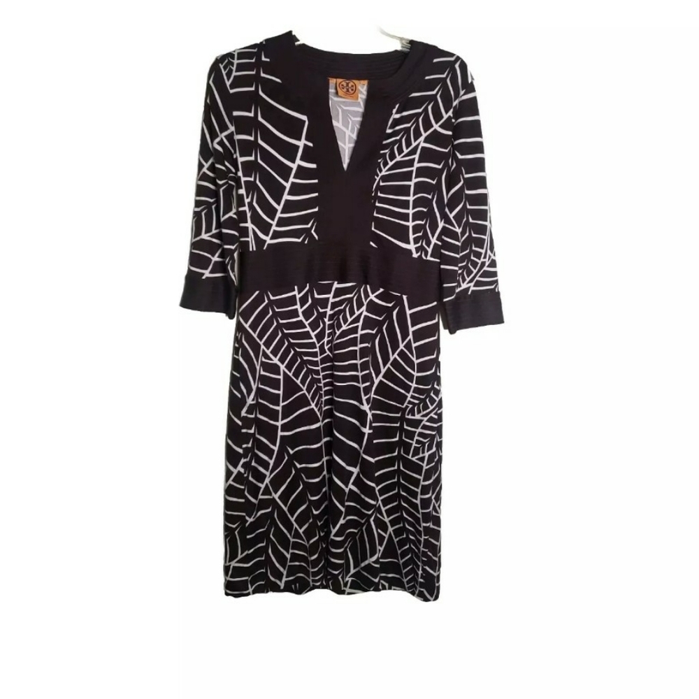 Tory Burch Size S Brown & White Banana Leaf 100% Silk Sheath Dress 3/4 S…
